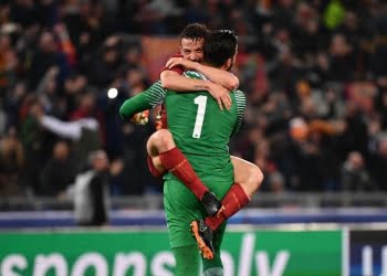 Alisson_Florenzi_Roma_Barcellona_lapresse_2018