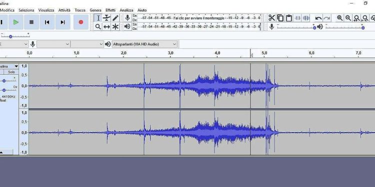 Esperimento del piano inclinato: schermata del software Audacity