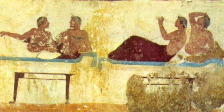 Scena di Simposio (particolare): musica e conversazione. Dalla Tomba del tuffatore. Museo Archeologico Nazionale di Paestum