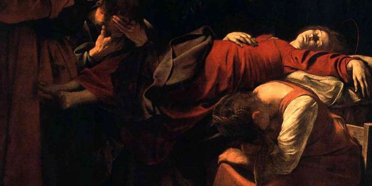 Caravaggio, Morte della Vergine (1605), particolare