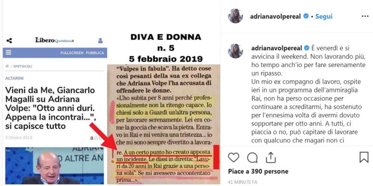 Adriana Volpe, post contro Magalli su Instagram