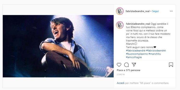 Fabrizia De Andrè, post per il nonno (Instagram)