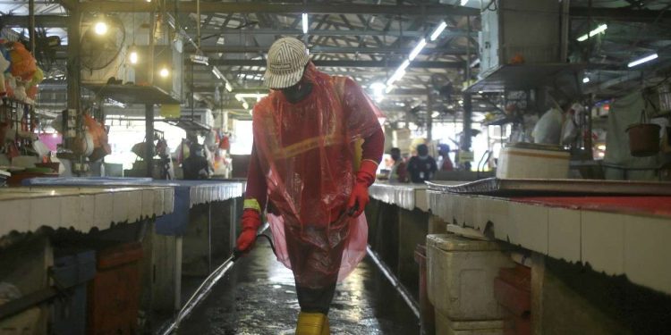 A worker sprays disinfectant at a wet market closed during the restricted movement order due to the outbreak of the coronavirus disease (COVID-19) outside of Kuala Lumpur, Malaysia, on Wednesday, March 25, 2020. The Malaysian government issued a restricted movement order to the public for the rest of the month to help curb the spread of the new coronavirus. For most people the new coronavirus causes only mild or moderate symptoms, but for some it can cause more severe illness. (AP Photo)