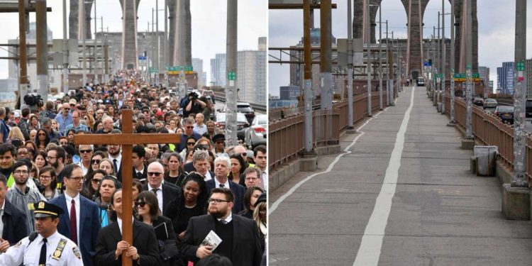 La Via Crucis nel 2019 e il medesimo punto il Venerdì Santo di quest'anno (Foto New York Post)