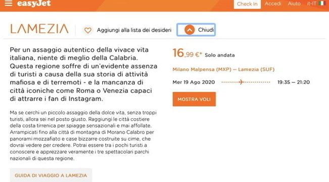 Pubblicità Easyjet sulla Calabria