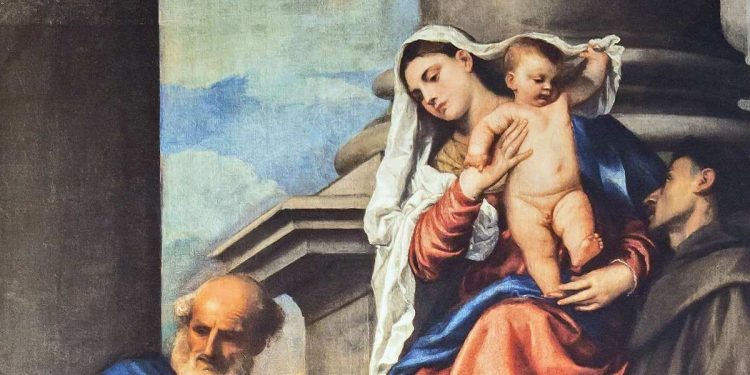 Tiziano, Maria nella Pala Pesaro (1519-26), particolare. Venezia, Basilica di Santa Maria Gloriosa dei Frari