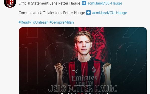 Peter Hauge ufficiale al Milan (Twitter)