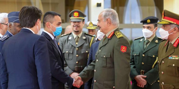 Conte e Di Maio davanti ad Haftar, la mattina del 17 dic. 2020 (Foto Almarsad - The Libyan News Observatory)