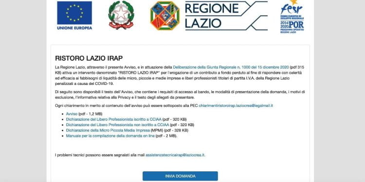 Ristoro Lazio Irap, bando online