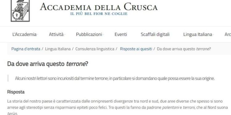 La voce 'terrone' sull'Accademia della Crusca