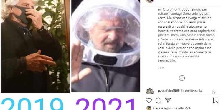 Diego Fusaro e il casco di Beppe Grillo (Instagram)