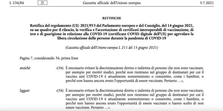 Rettifica Ue al regolamento su certificato digitale Covid