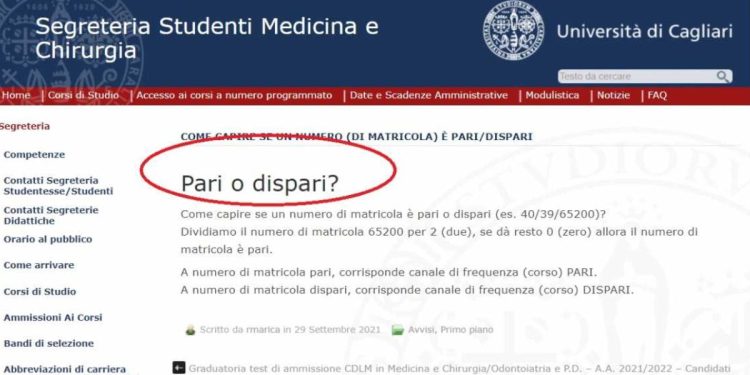 Avviso Università di Cagliari su pari e dispari