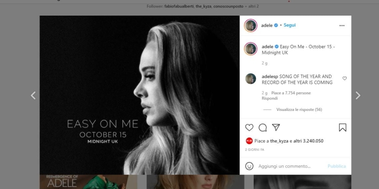 Adele, la cover di Easy on me (Instagram)