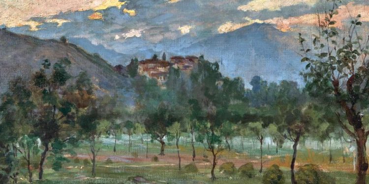 Bartolomeo Bezzi, Paesaggio al tramonto (1913, particolare)