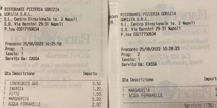 Lo scontrino e il preconto della pizzeria Gorizia 1916 di Napoli