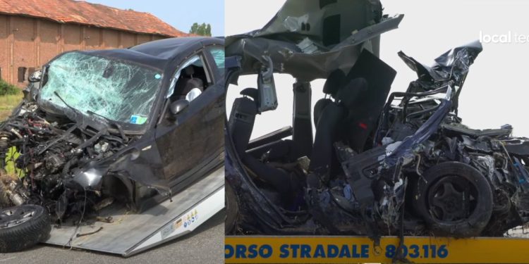 Le auto coinvolte nell'incidente di Busonengo. A sinistra la BMW, a destra la Lancia su cui viaggiava Raffaele Petrillo con 3 suoi amici (Youtube)