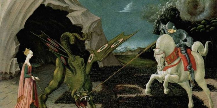 San Giorgio e il Drago, raffigurato in un dipinto di Paolo Uccello (Wikipedia, Pubblico Dominio)