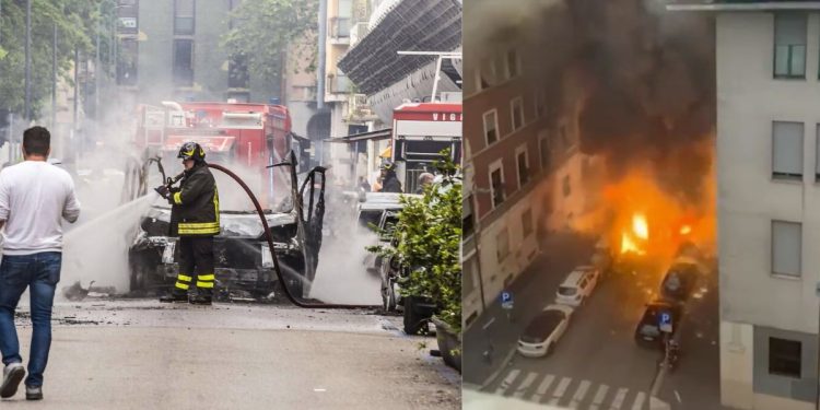 Esplosione a MIlano: le fiamme e il camion con le bombole d'ossigeno spento dai Vigili del Fuoco (Twitter)