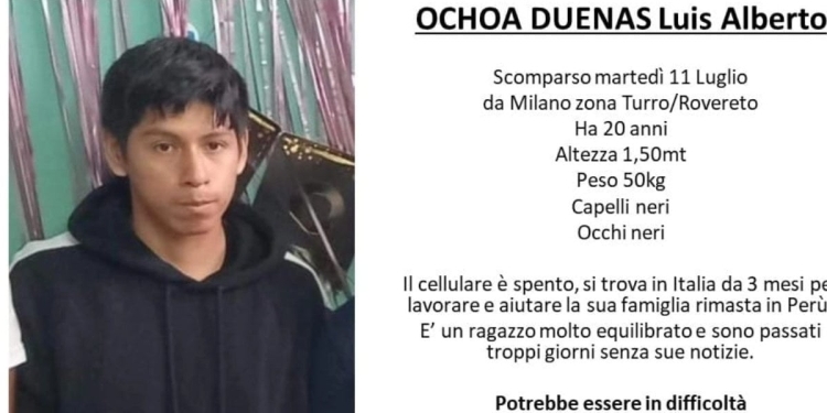 Luis Alberto Ochoa Duenas, 20enne scomparso a Milano