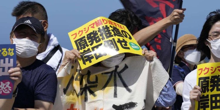 Protesta in Giappone contro lo sversamento in mare delle acque di Fukushima (LaPresse)