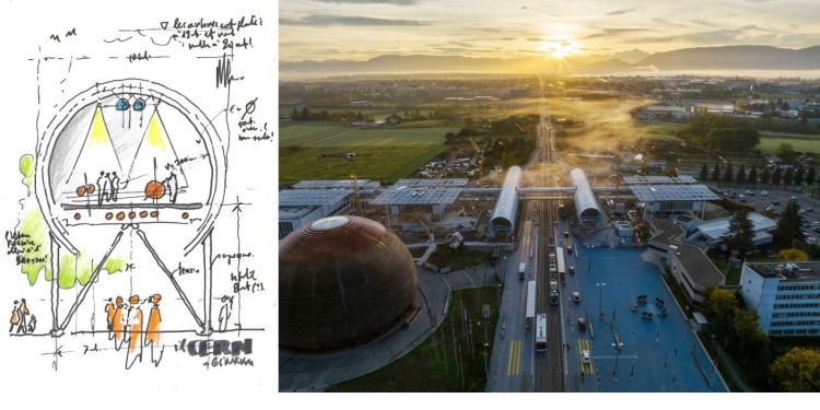 Courtesy of: Sketch by Renzo Piano - credit Renzo Piano / drone view: CERN presse Office