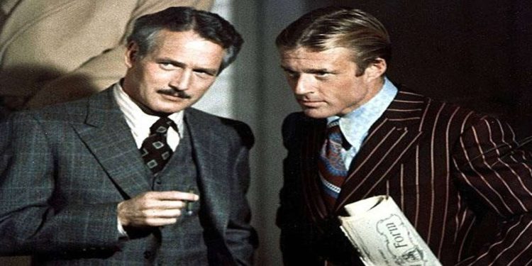 Paul Newman e Robert Redford in una scena del film su Rete 4 (Foto Web)