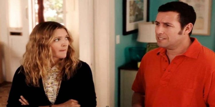 Drew Barrymore e Adam Sandler in una scena del film in seconda serata su Italia 1 (Foto Web)