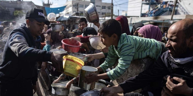 Palestinesi cercano di accaparrarsi un po' di cibo e acqua a Rafah (Ansa)