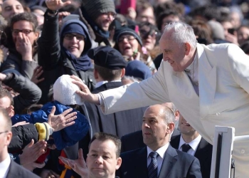 Papa Francesco durante l'udienza a CL del 2015 (Ansa)