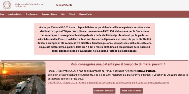 Bonus patente 2024 (screen dal sito del Ministero dei Trasporti)