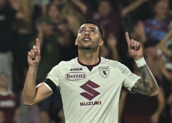 Torino's Nemanja Radonjic jubilates after scoring the third goal during the Italian Serie A soccer match US Salernitana vs Torino FC at the Arechi stadium in Salerno, Italy, 18 September 2023.
ANSA/MASSIMO PICA