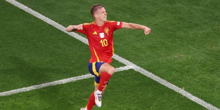 Dani Olmo in gol con la Spagna agli Europei 2024 (Foto ANSA)