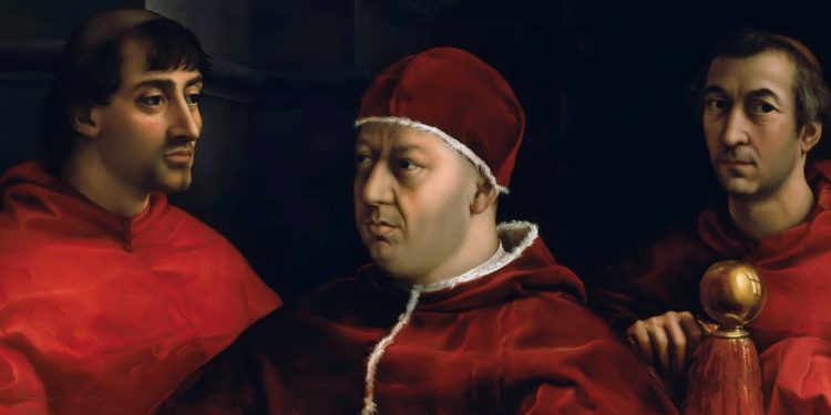 Ritratto di Leone X con i cardinali Giulio de' Medici e Luigi de' Rossi di Raffaello Sanzio (particolare)