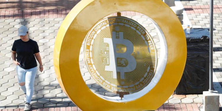 Un monumento dedicato al Bitcoin in Plaza San Bartolome a Ilopango, El Salvador (Ansa)