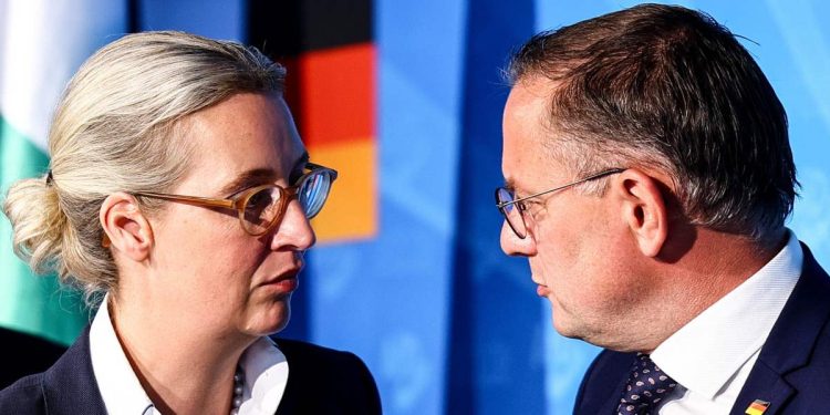 I due leader di Alternativa per la Germania (AfD) Alice Weidel (s) e Tino Chrupalla (Ansa)