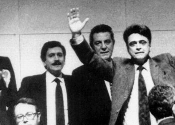 Achille Occhetto con Massimo D'Alema e Piero Fassino il 3 febbraio 1991 a Rimini, durante il 20/mo e ultimo congresso del Pci. Nasce il Partito democratico della sinistra (ANSA)