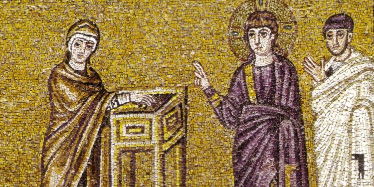 Offerta dell'obolo della vedova, decorazione musiva parietale di S. Apollinare Nuovo a Ravenna