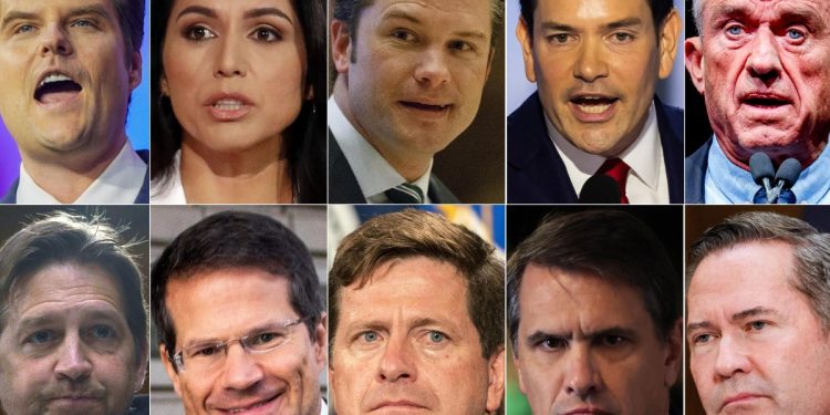 Nella combo, alcuni nomi della squadra di Trump. In alto da s.: Matt Gaetz, Tulsi Gabbard, Pete Hegseth, Marco Rubio, Robert F. Kennedy jr. In basso da s.: Ben Sasse, John Sauer, Jay Clayton, Todd Blance, Michael Waltz (Ansa)