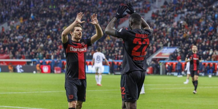 Jonas Hofmann e Victor Boniface esultano con il Bayer Leverkusen (Foto ANSA)